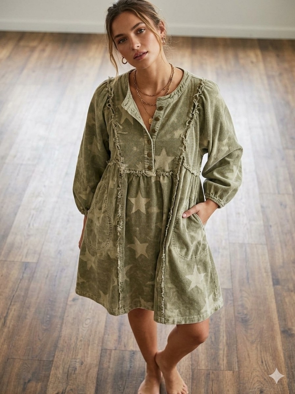 Bad Little Country Girl Corduroy Star-Print Oversized Babydoll Dress
